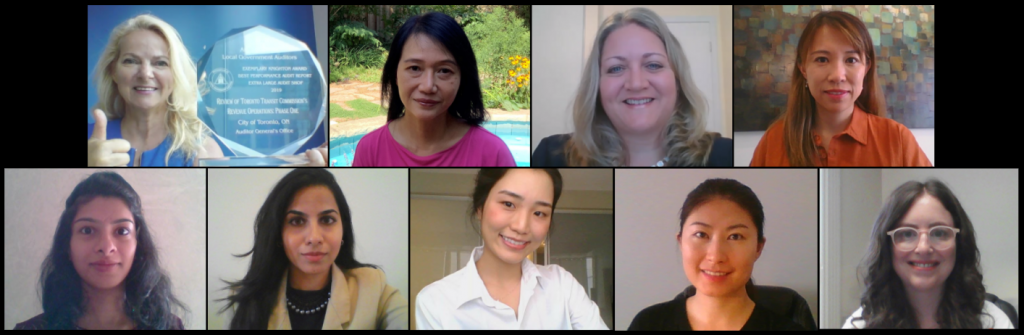 The audit team pictured, from left to right, top to bottom: Beverly Romeo-Beehler, Jane Ying, Tara Anderson, Suzanna Chan, Thusha Anandarajan, Saba Mohammed, Serena Noh, Irene Hu, and Laura Wright.