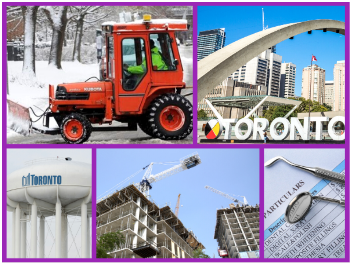 Picture of a snow plow, Toronto sign, a Toronto water tower, housing construction, and a dental invoice.