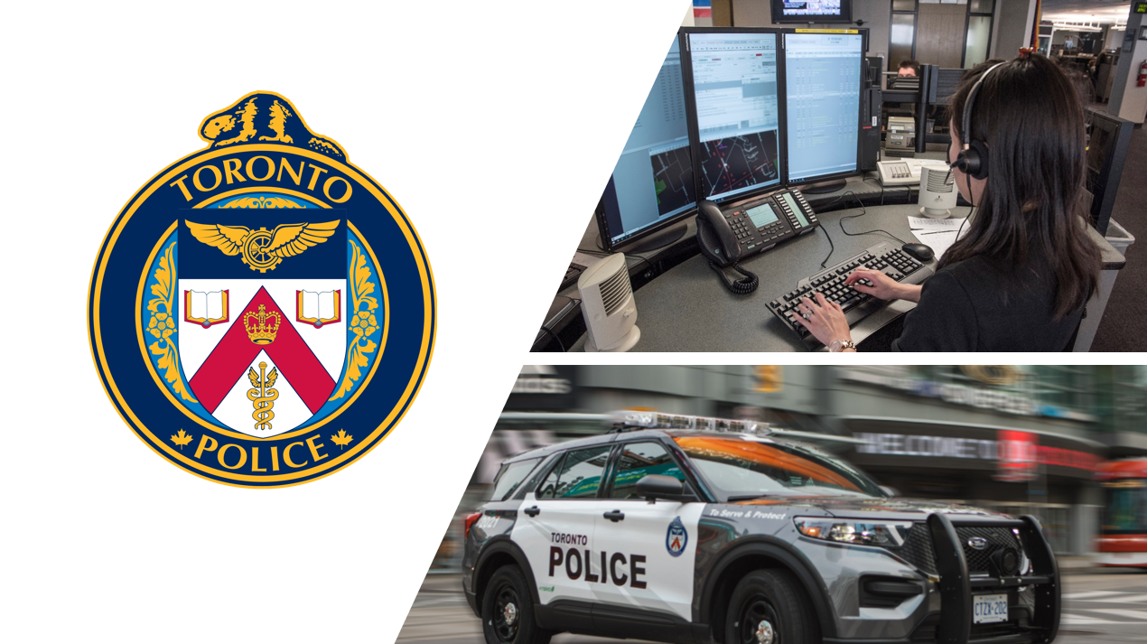 On the left is the logo for Toronto Police, and on the top right is a photo of a 911 call taker working at her desk, and the bottom right is a photo of a Toronto Police Service vehicle.