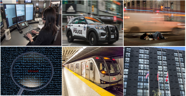 From top to bottom, left to right, a photo of a woman working at the Toronto Police emergency call centre, a police SUV, a homeless man sleeping on the street; a magnifying glass showing text and numbers and the word 'threat' in red in the middle, a ttc subway car at a station, a city-leased hotel shelter building seen from the outside.